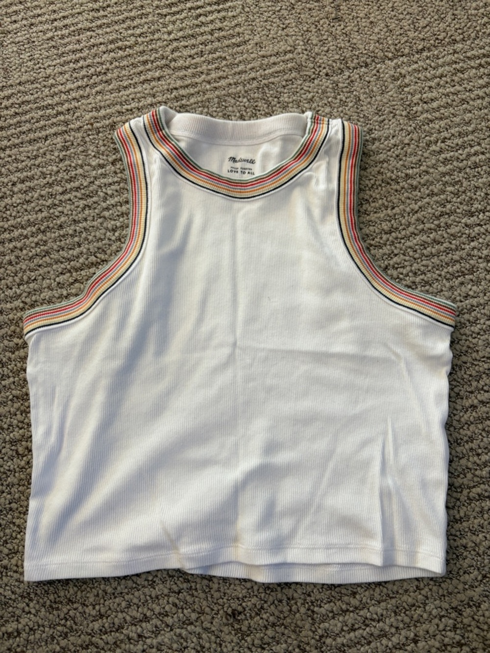 Madewell White Ribbed Tank with Rainbow Stripe Trim